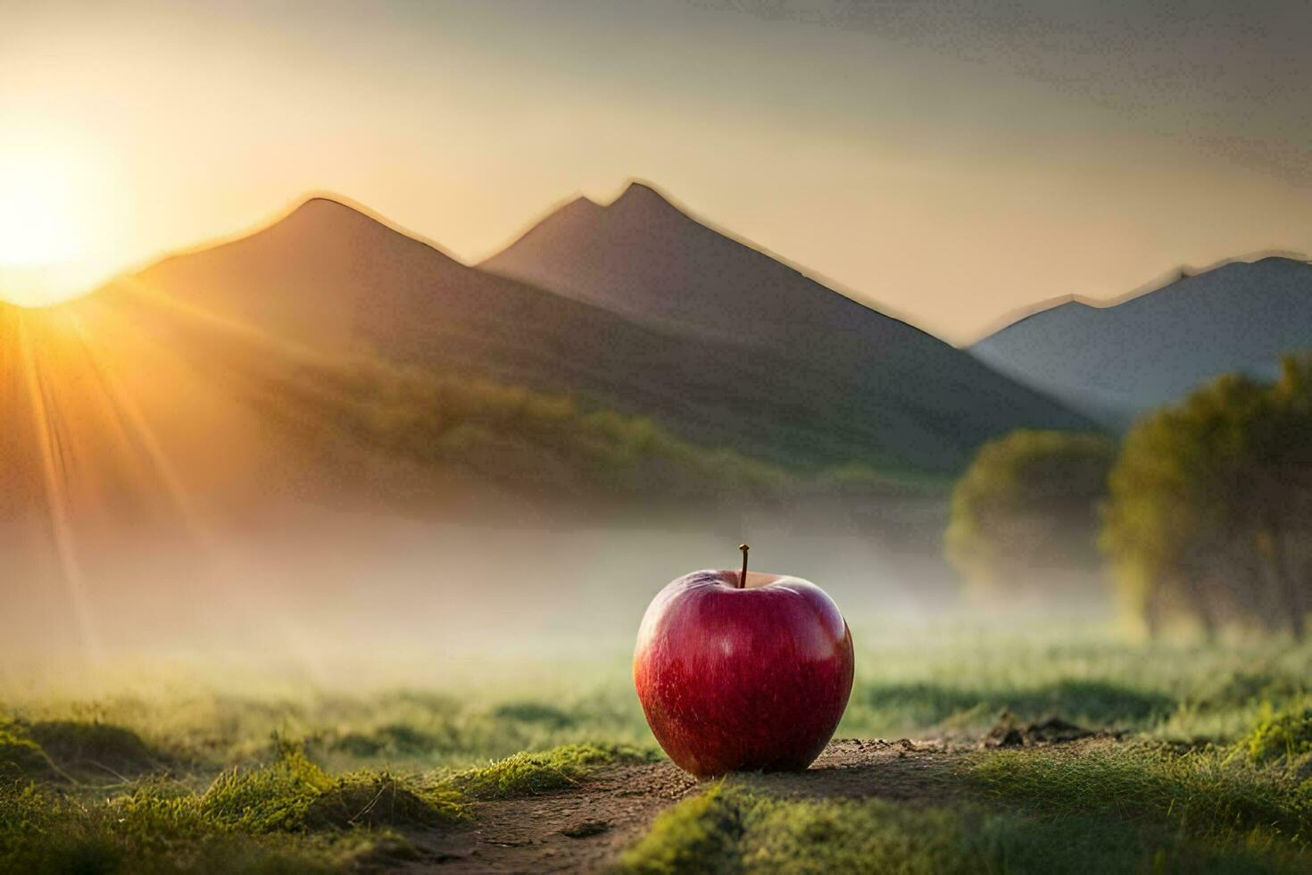 an apple is sitting on the grass in front of a mountain. AI-Generated photo