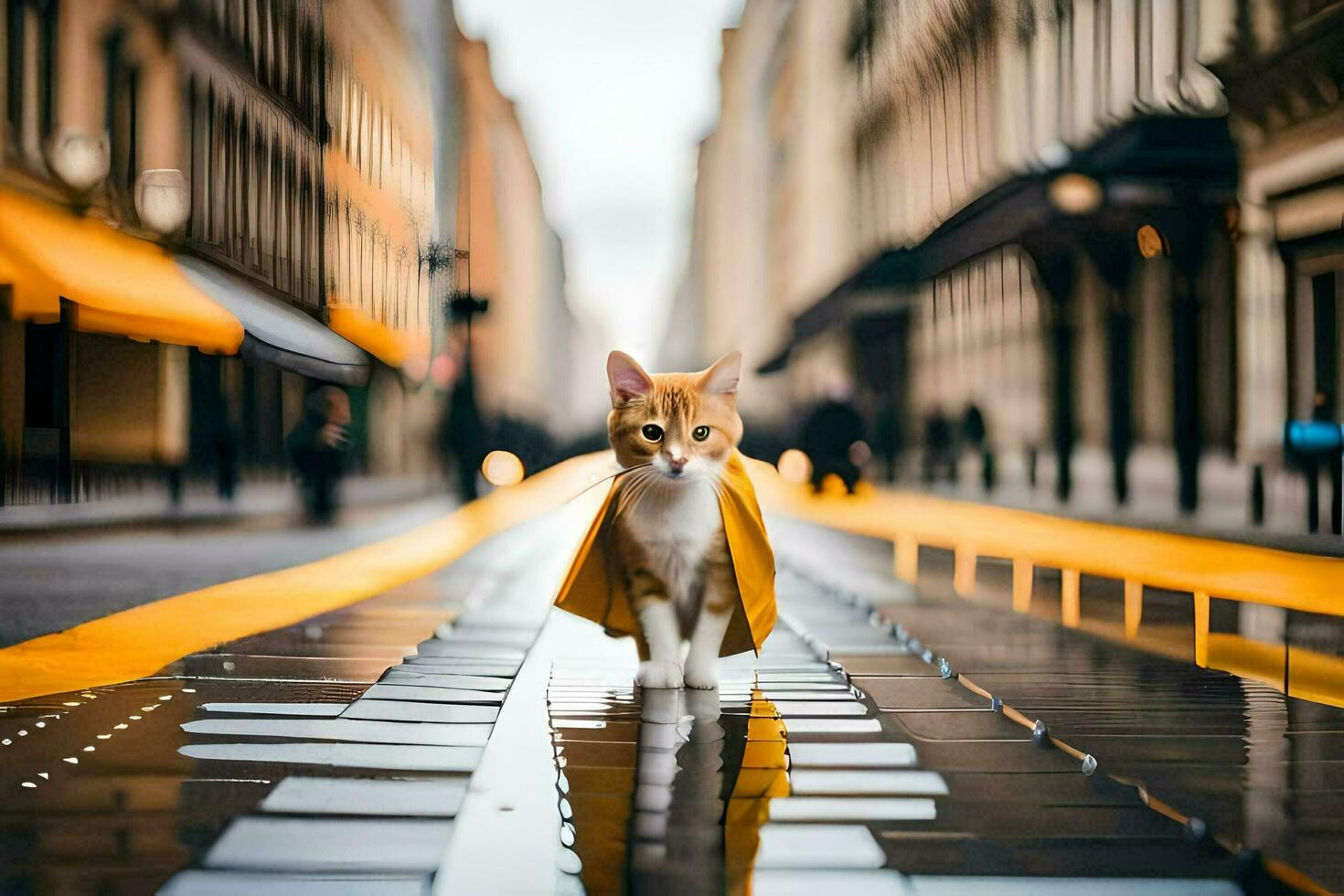 a cat wearing a yellow cape walks down a street. AI-Generated photo