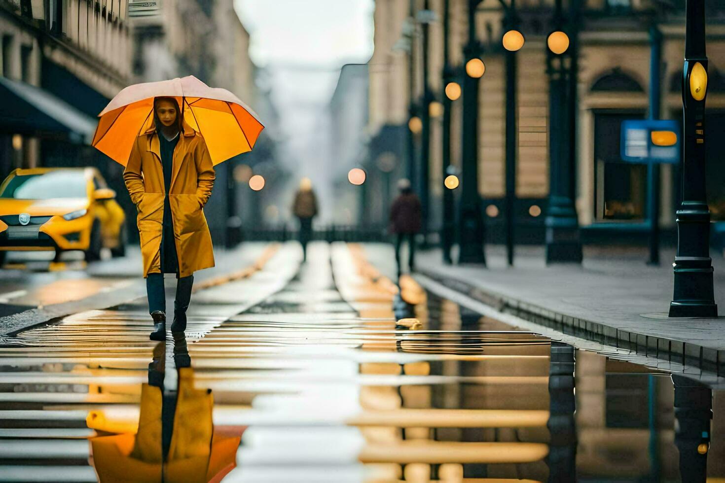 a woman walking in the rain with an umbrella. AI-Generated photo