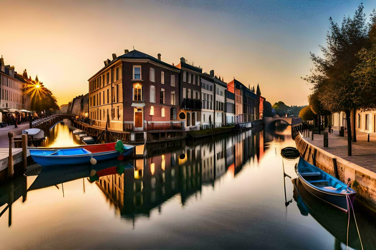 boats are docked in a canal at sunset. AI-Generated photo