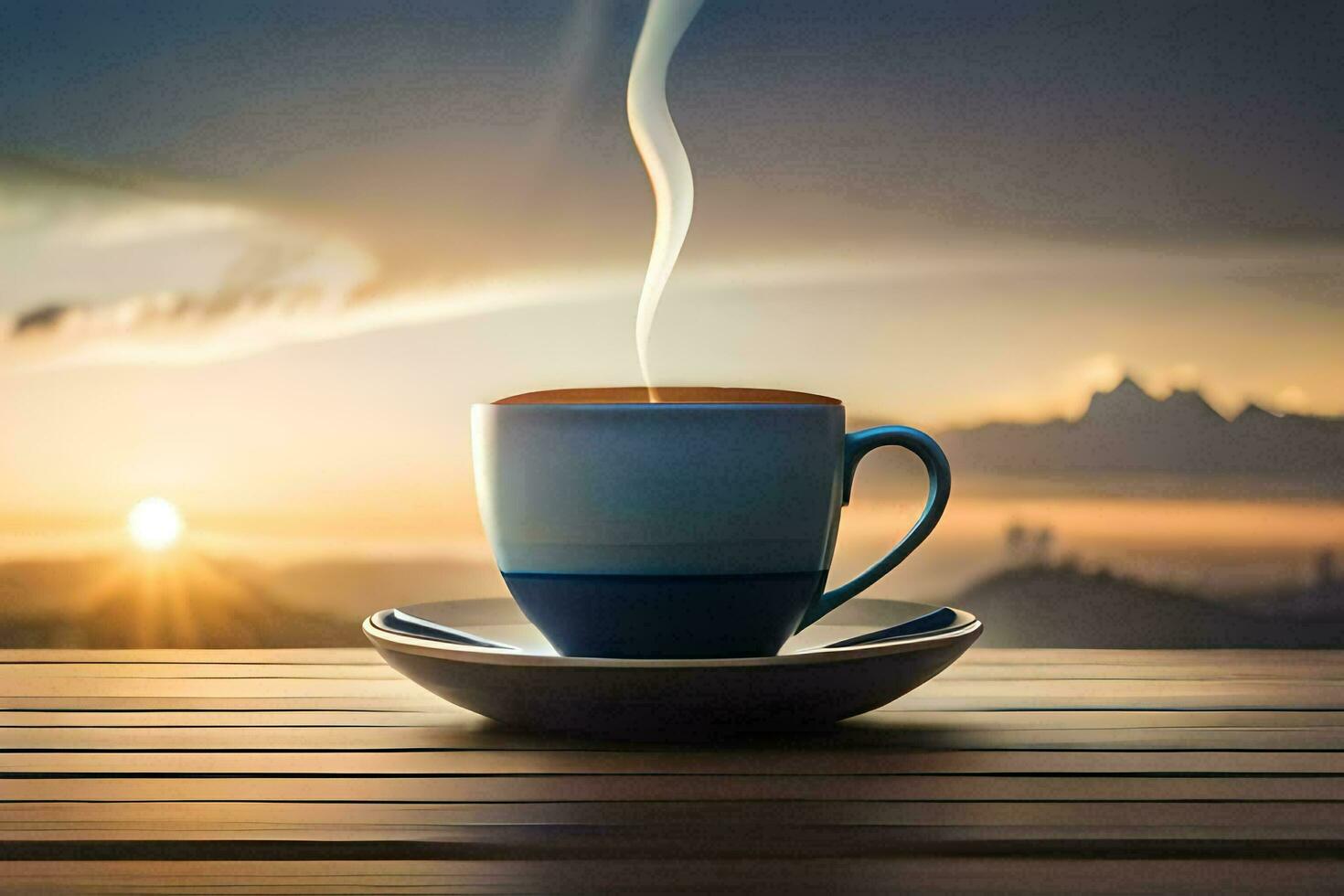 a cup of coffee on a wooden table with a view of the sunrise. AI-Generated photo