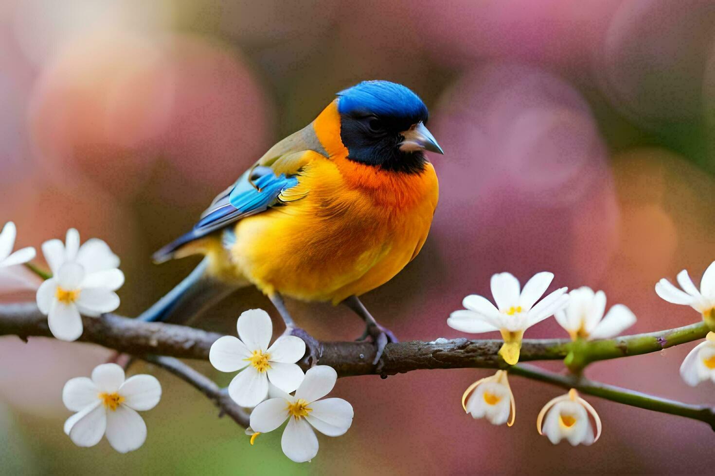 a colorful bird sits on a branch with white flowers. AI-Generated photo