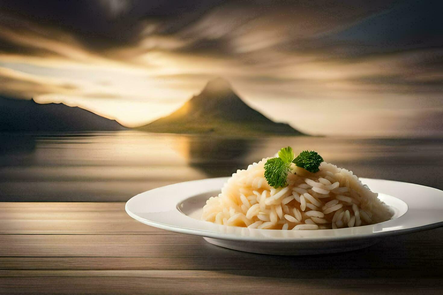 a plate of rice with a mountain in the background. AI-Generated photo