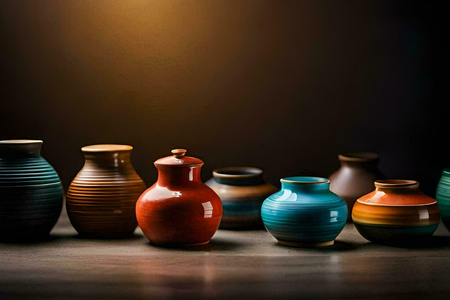a row of colorful vases on a table. AI-Generated photo