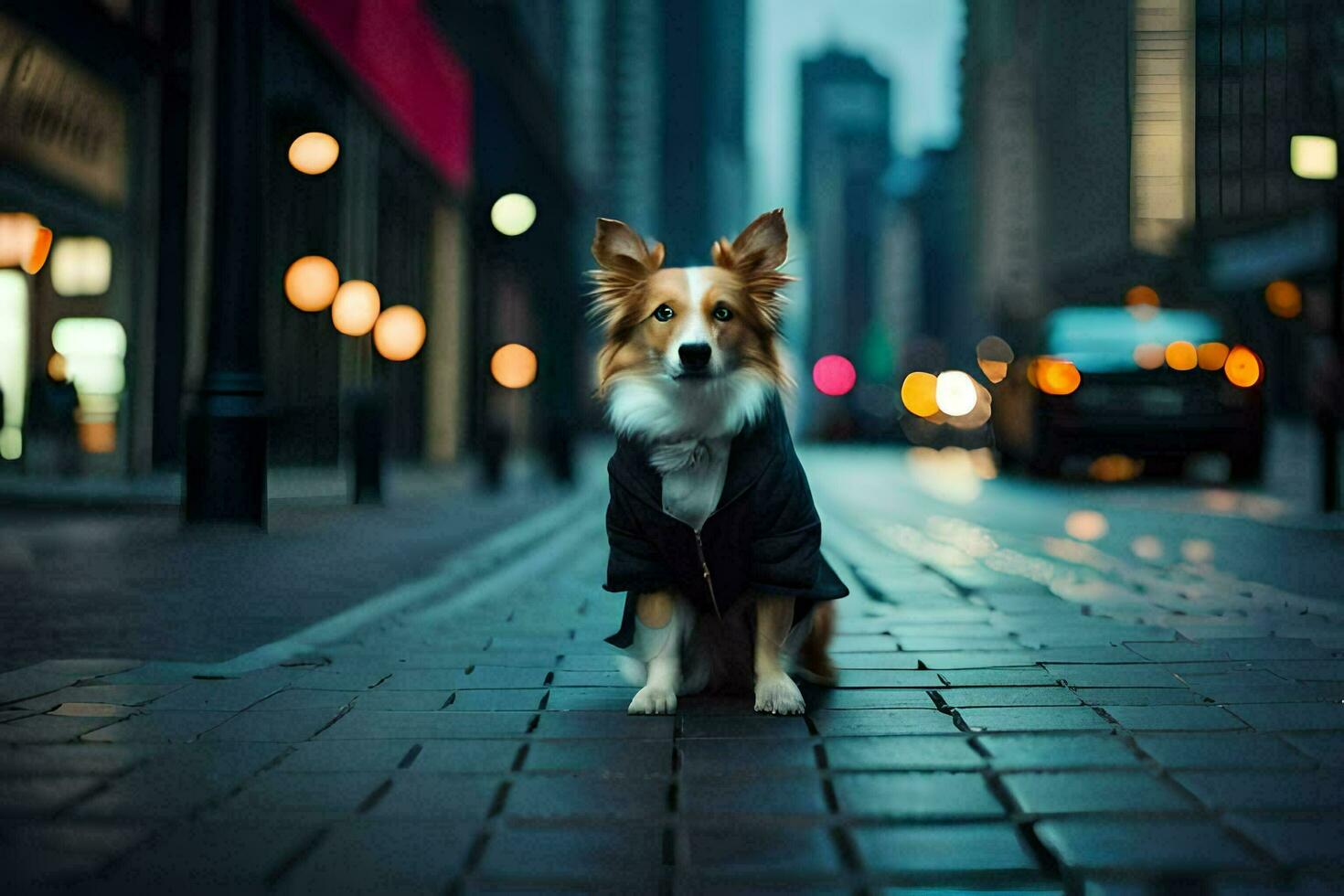 a dog wearing a jacket sits on the street. AI-Generated photo