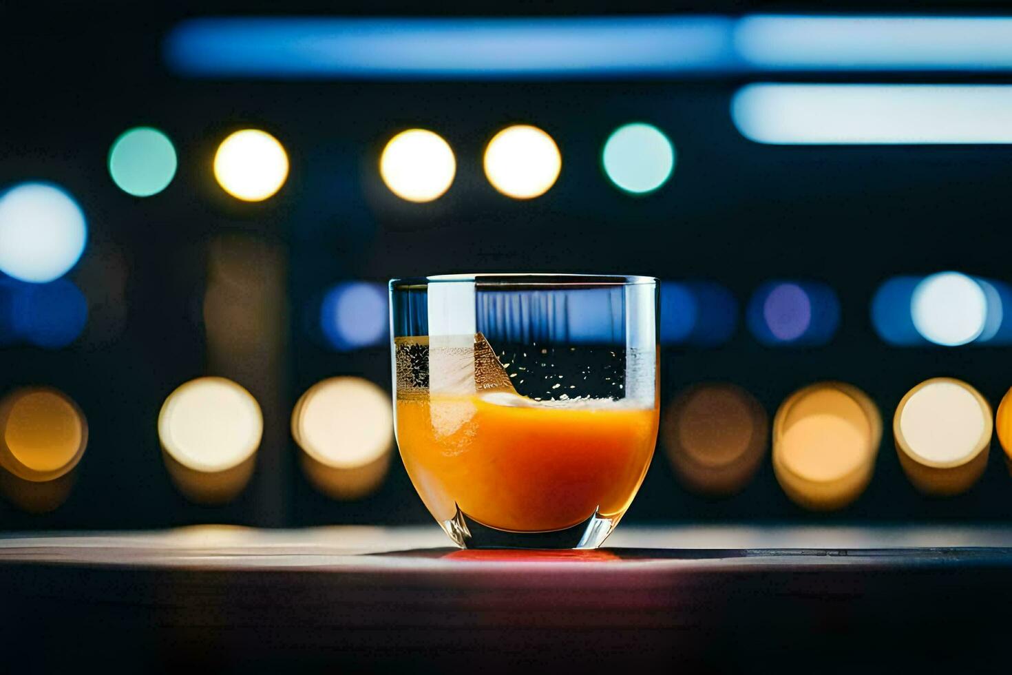 a glass of orange juice on a table in front of a blurred background. AI-Generated photo