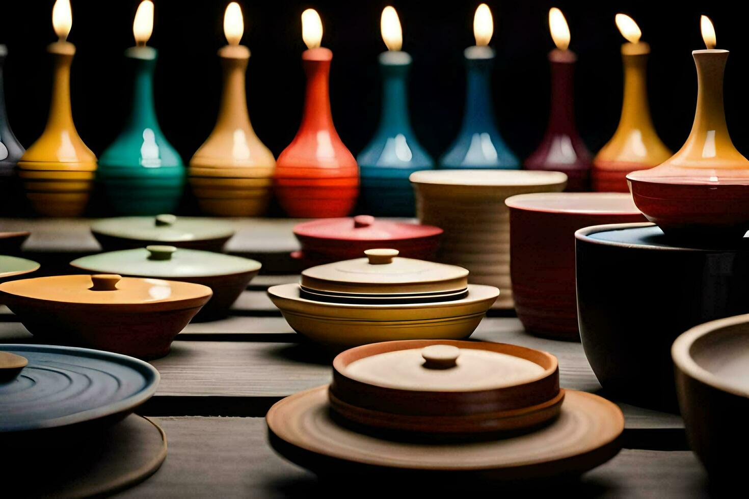 many colorful pots and bowls are lined up on a table. AI-Generated photo