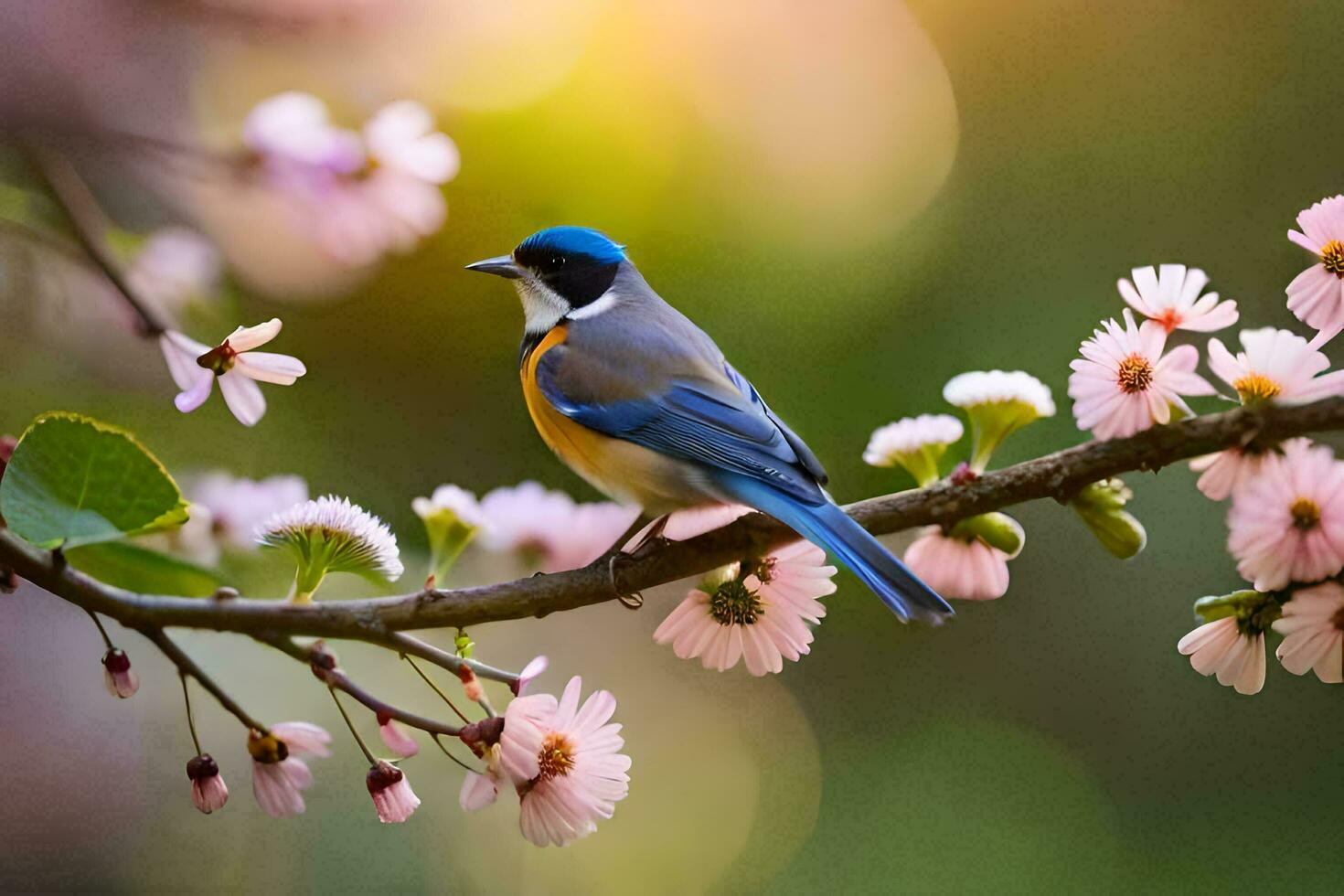 a blue and white bird is perched on a branch with pink flowers. AI-Generated photo