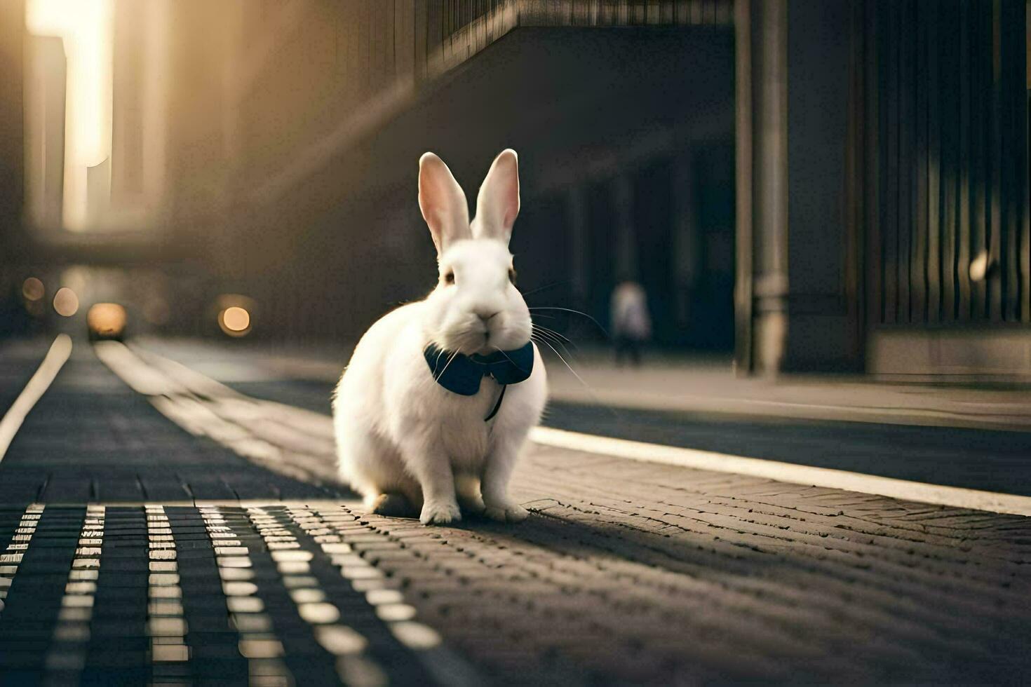 a white rabbit wearing a bow tie on a city street. AI-Generated photo