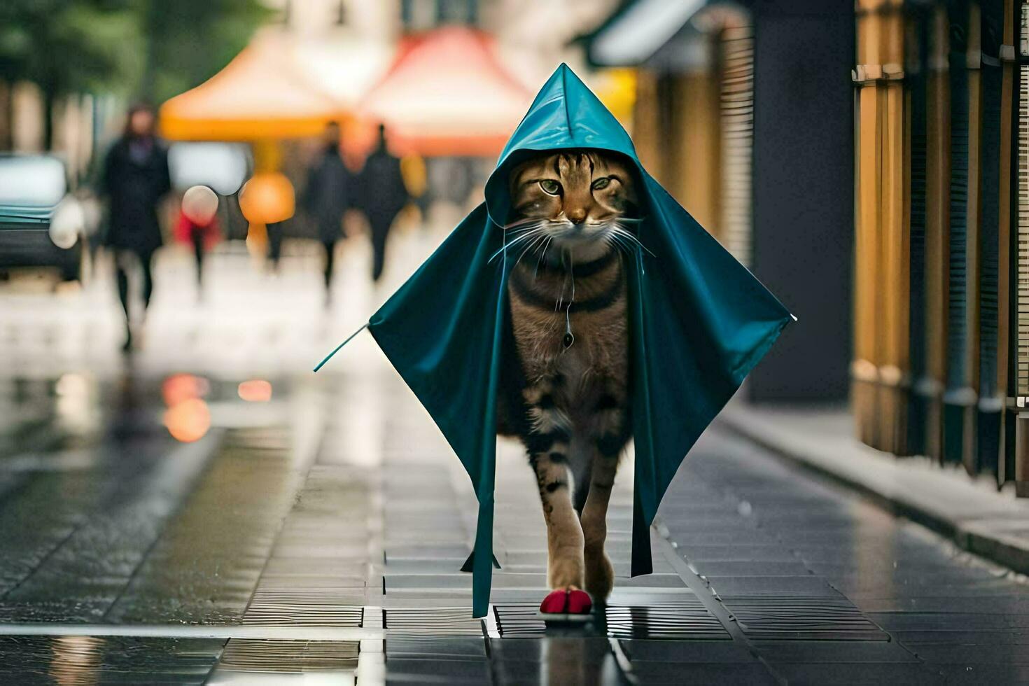 un gato caminando en el lluvia con un azul sombrilla. generado por ai foto