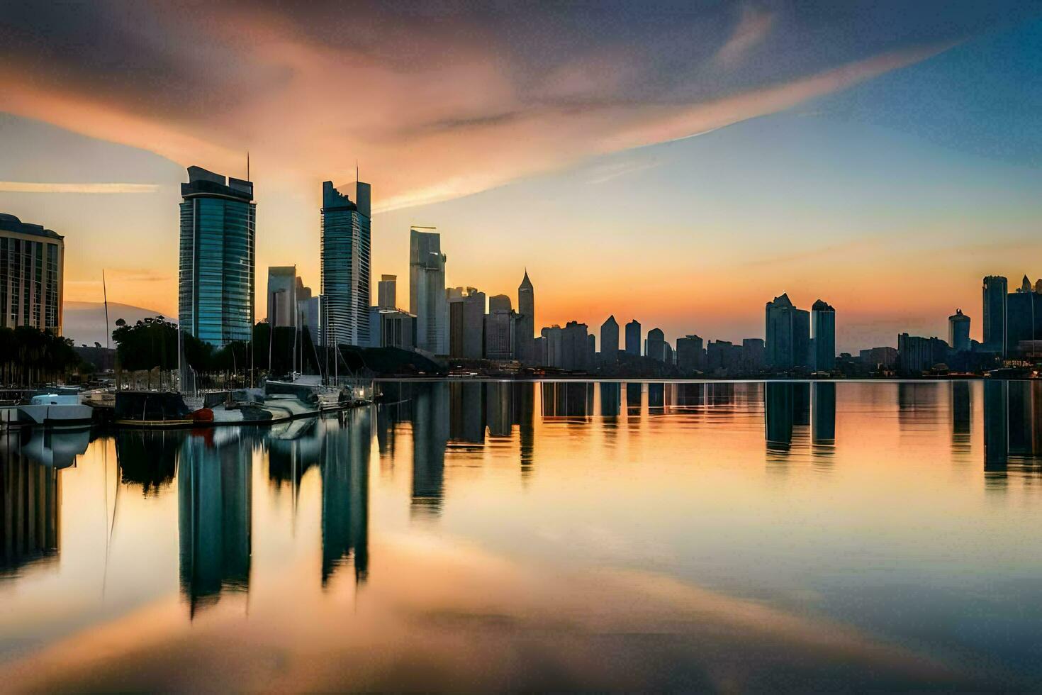 the city skyline is reflected in the water at sunset. AI-Generated photo