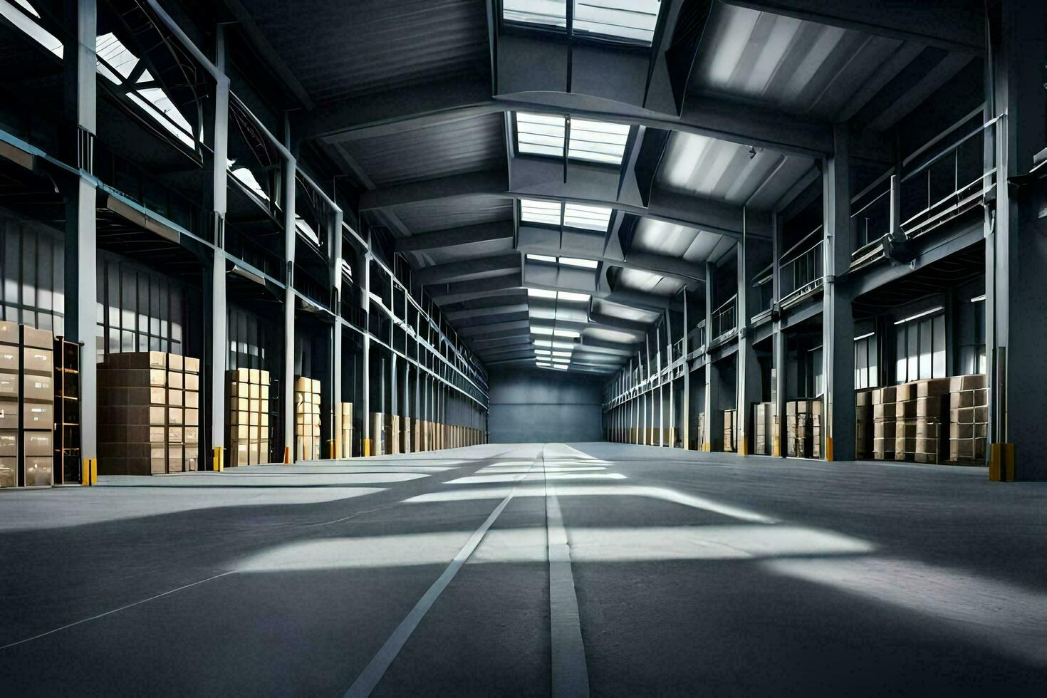 a large warehouse with boxes and shelves. AI-Generated photo