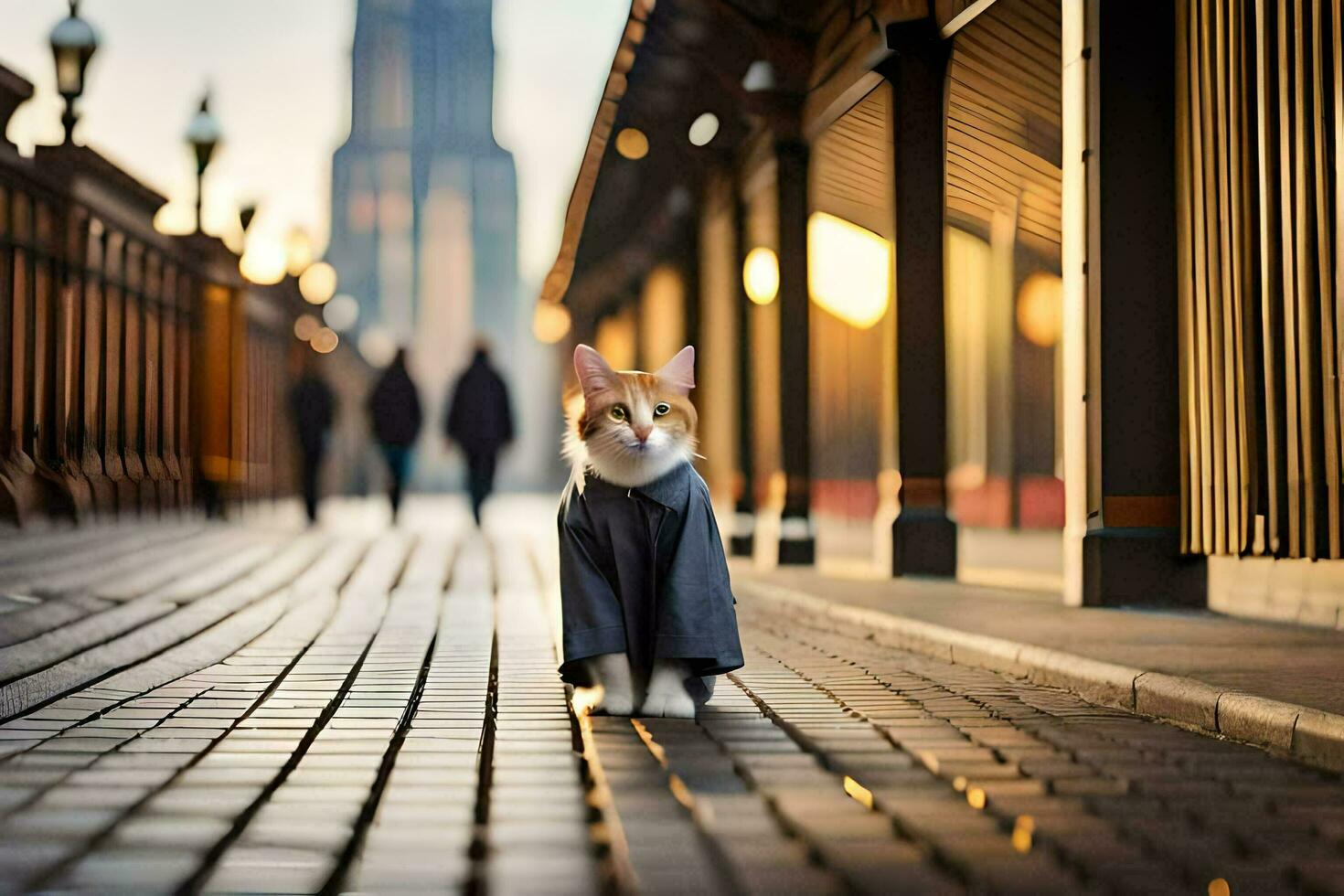 a cat wearing a coat and standing on a brick walkway. AI-Generated photo