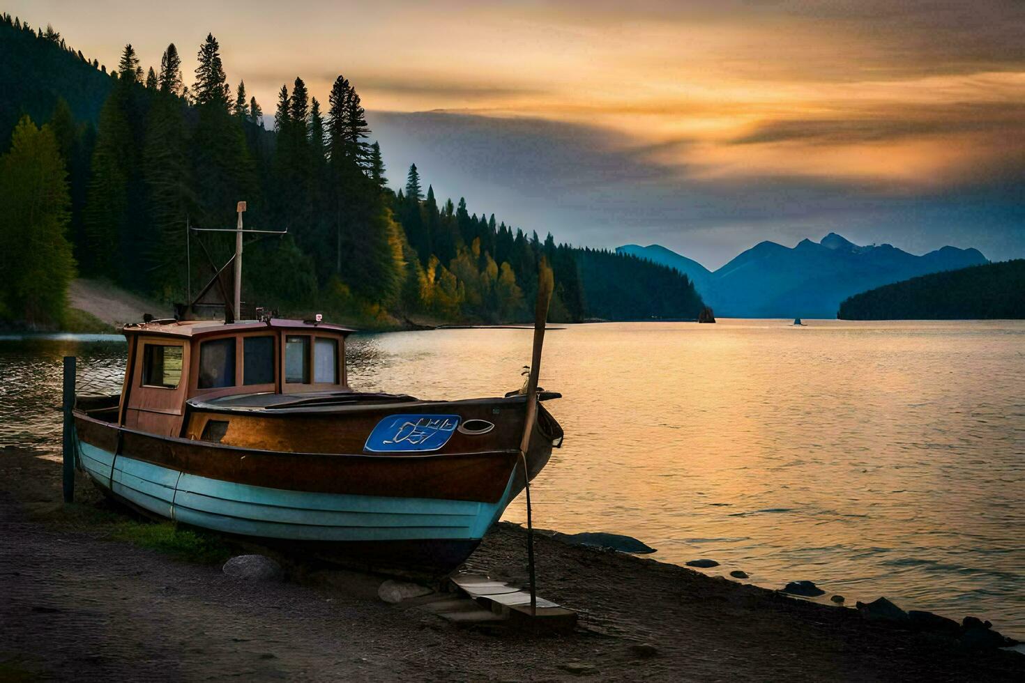 a boat sits on the shore of a lake at sunset. AI-Generated photo