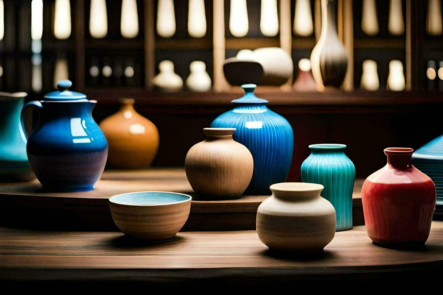 a collection of colorful vases on a table. AI-Generated photo