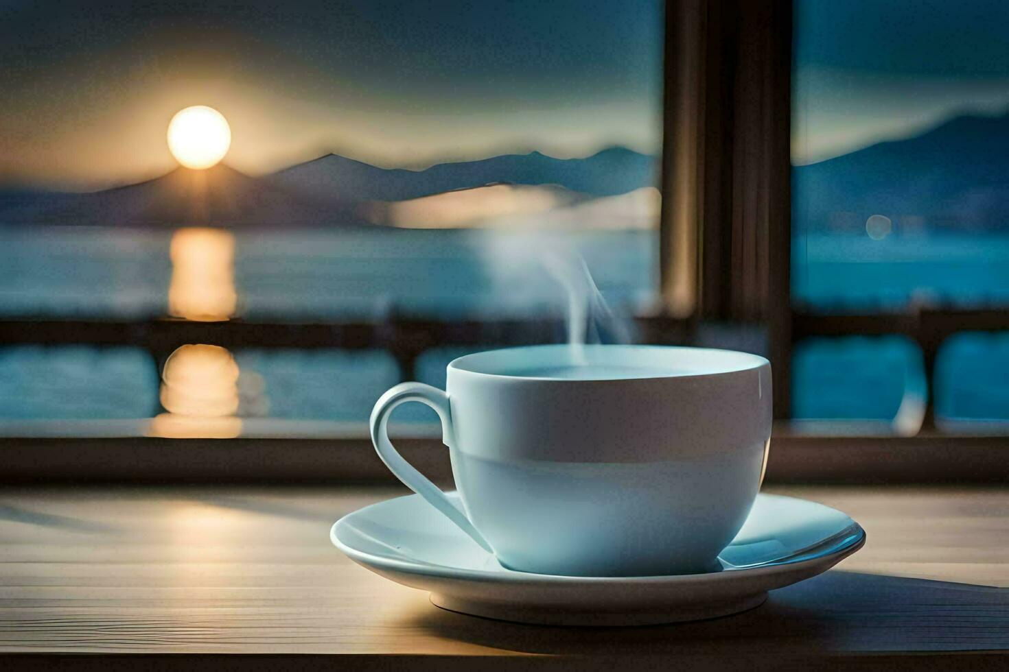 a cup of coffee on a table with a view of the ocean. AI-Generated photo