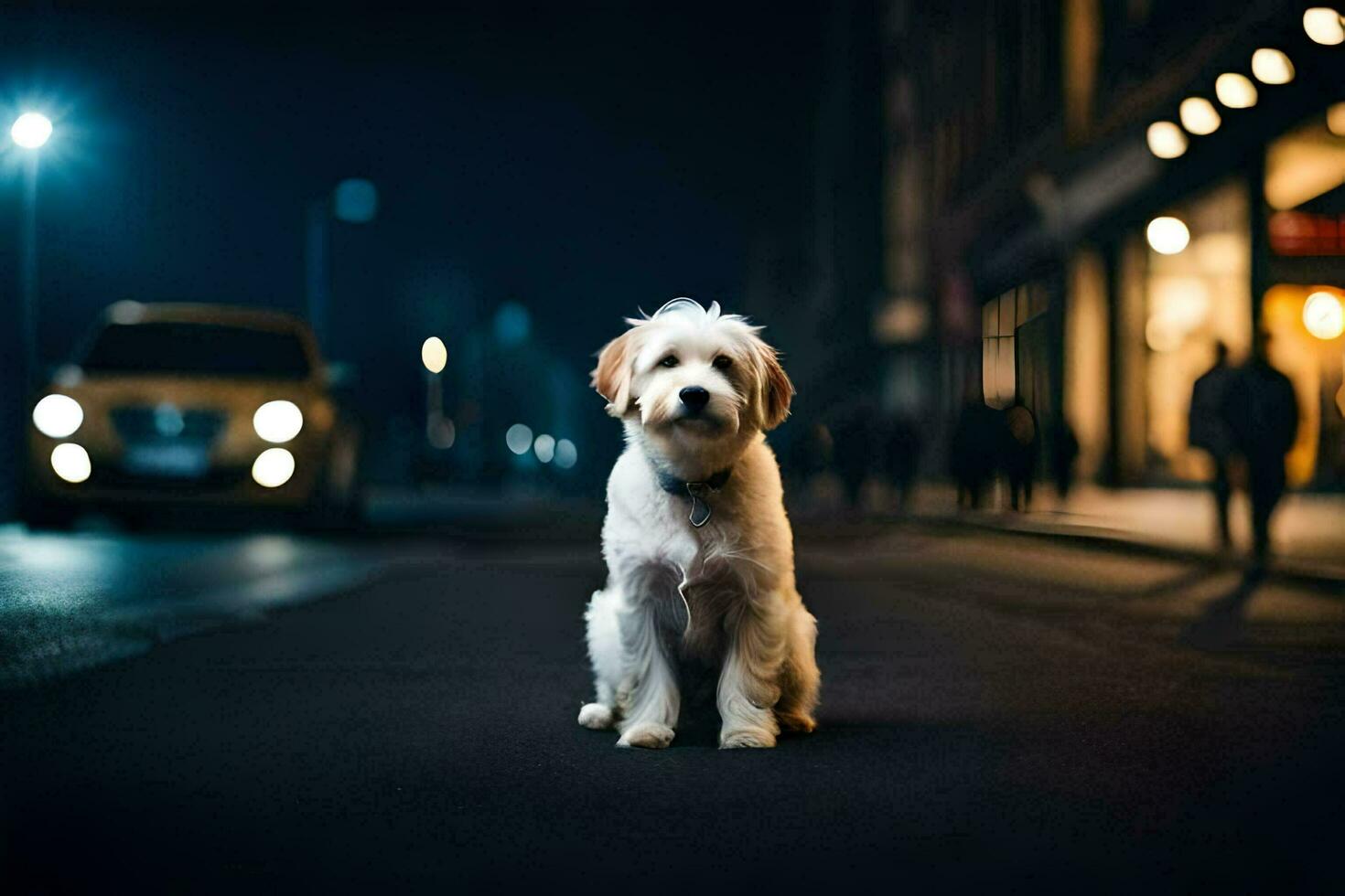 a dog sitting on the street at night. AI-Generated photo