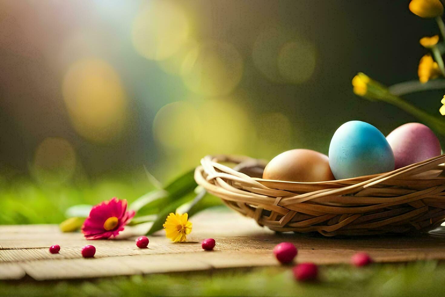 easter eggs in a basket on a sunny day. AI-Generated photo