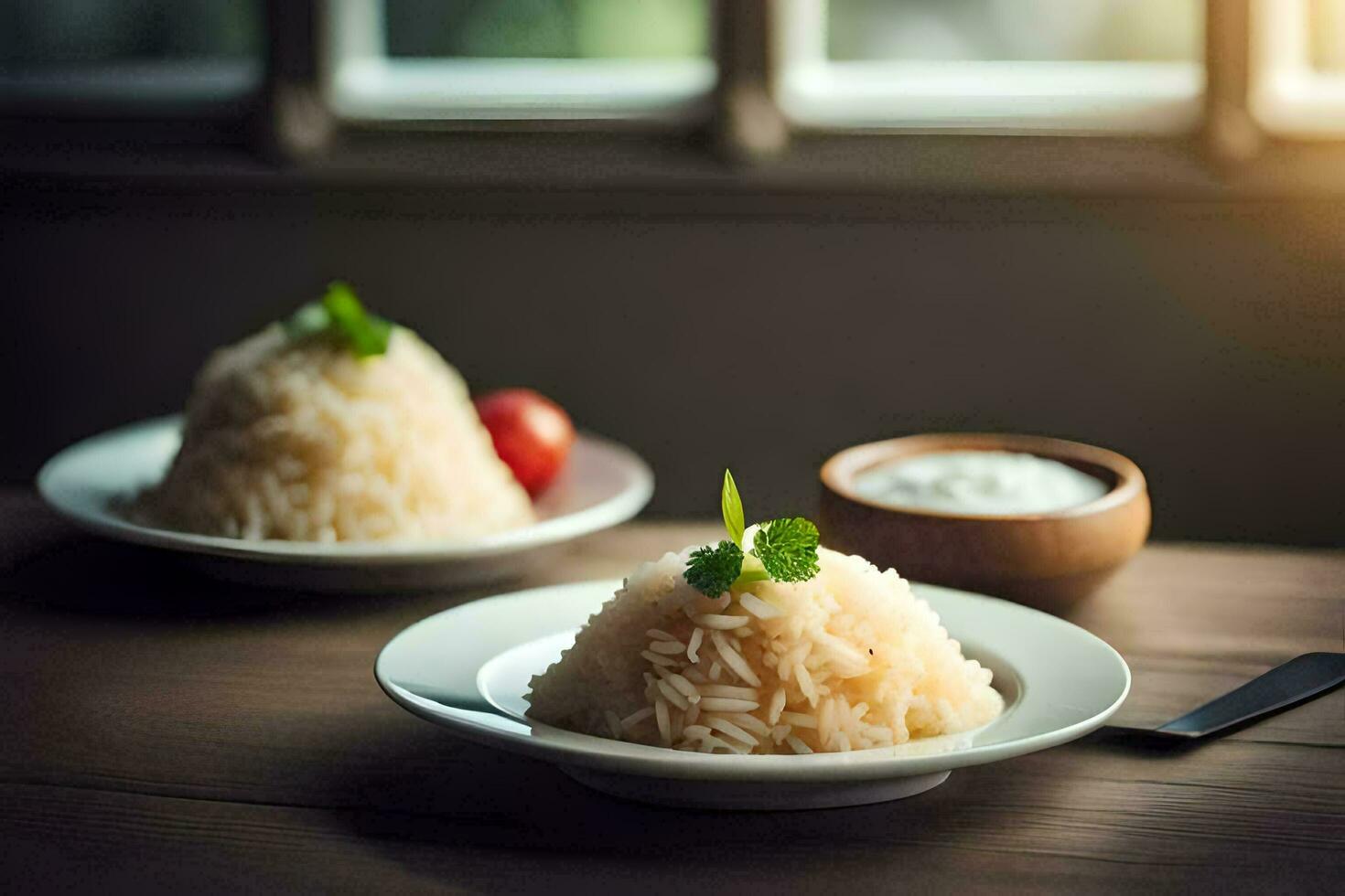 two plates with rice and vegetables on a table. AI-Generated photo