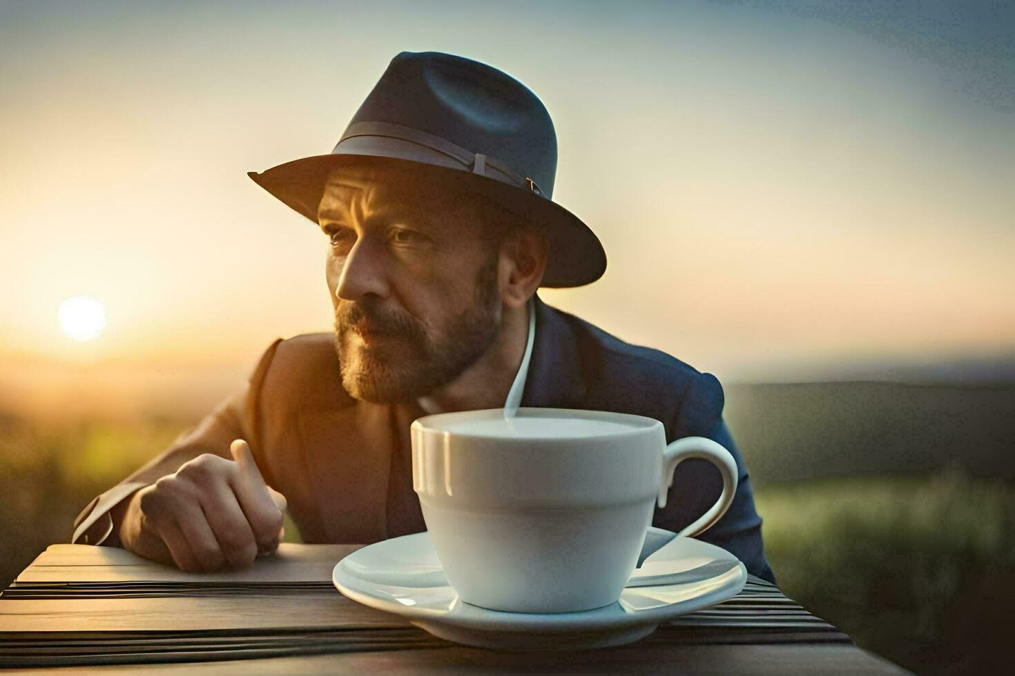 a man in a hat and suit sitting at a table with a cup of coffee. AI-Generated photo