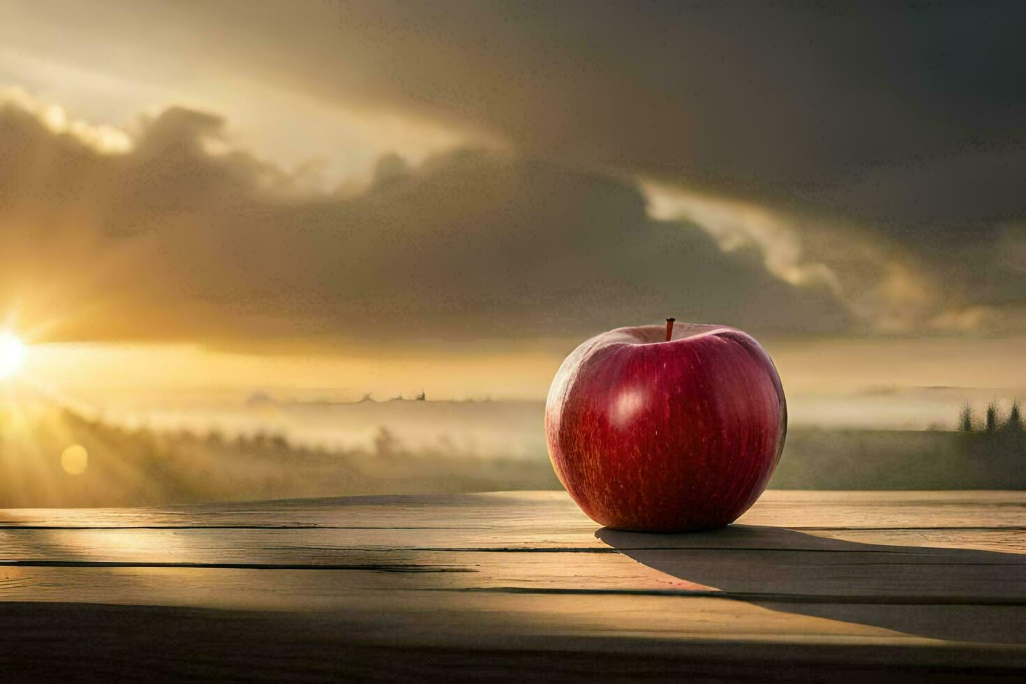 an apple sits on a wooden table in front of a sunset. AI-Generated photo