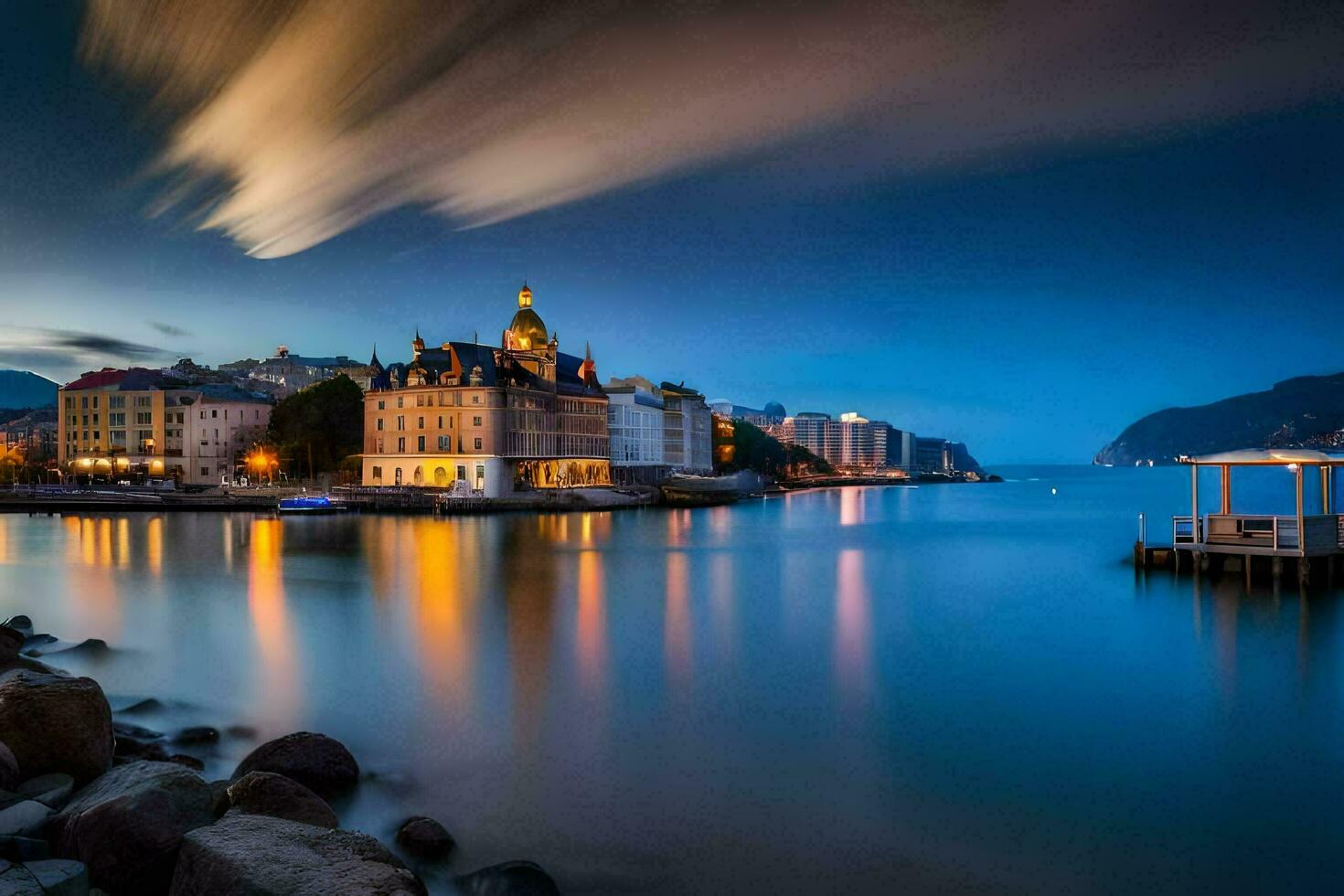 el ciudad de Bergen, Noruega a noche. generado por ai foto