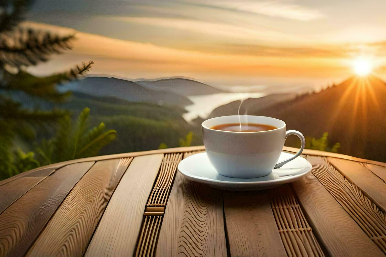 a cup of coffee on a wooden table in front of a beautiful mountain view. AI-Generated photo