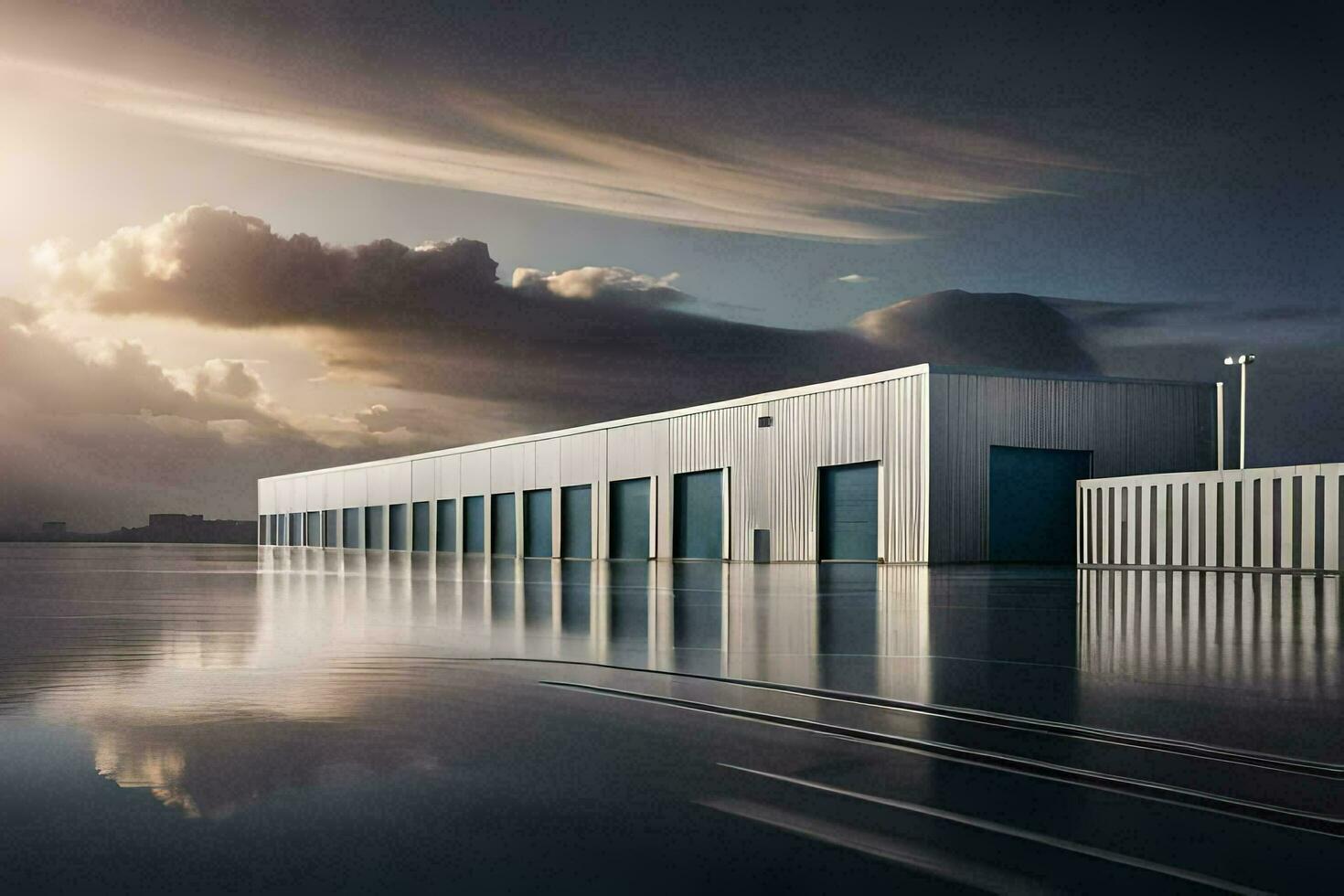 a large warehouse building with a cloudy sky. AI-Generated photo