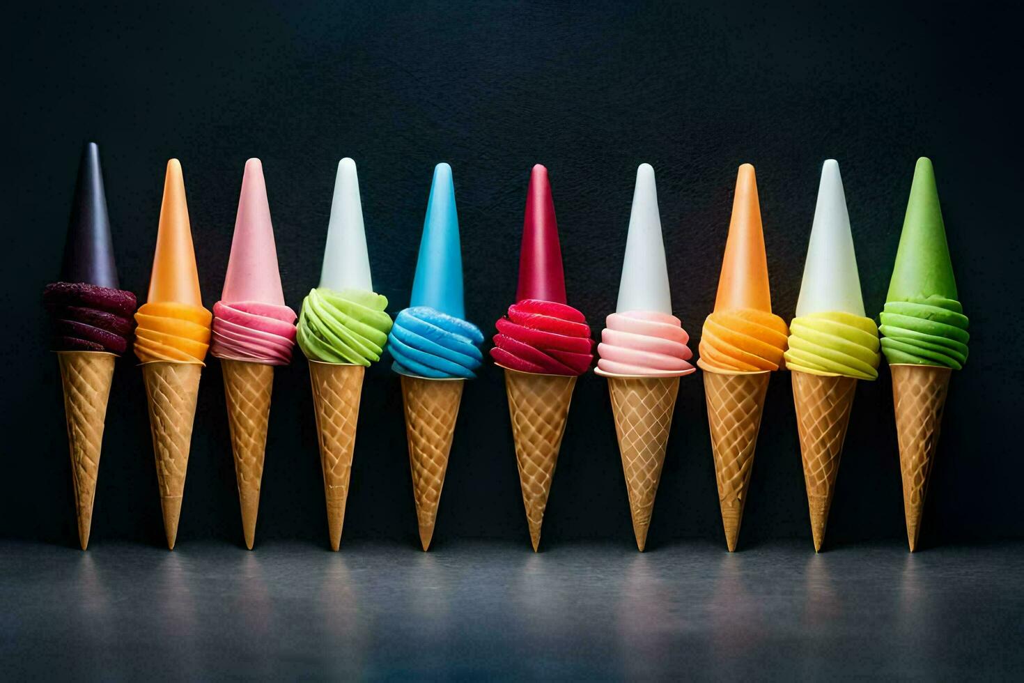 a row of ice cream cones with different colors. AI-Generated photo