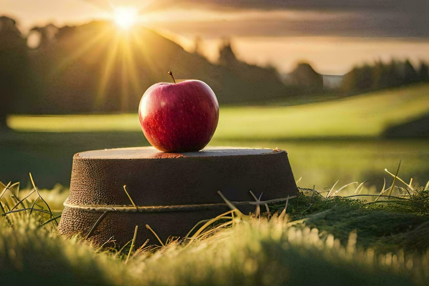 an apple sits on top of a wooden barrel in a field. AI-Generated photo