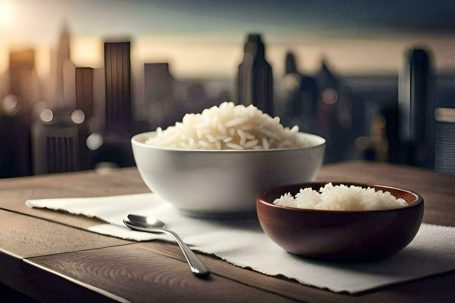 rice in a bowl and a spoon on a table in front of a cityscape. AI-Generated photo