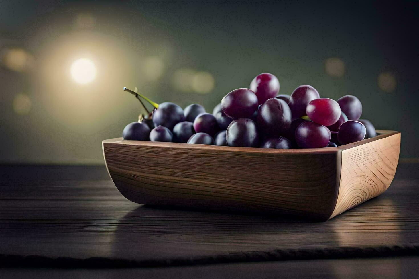 grapes in a wooden bowl on a table. AI-Generated photo
