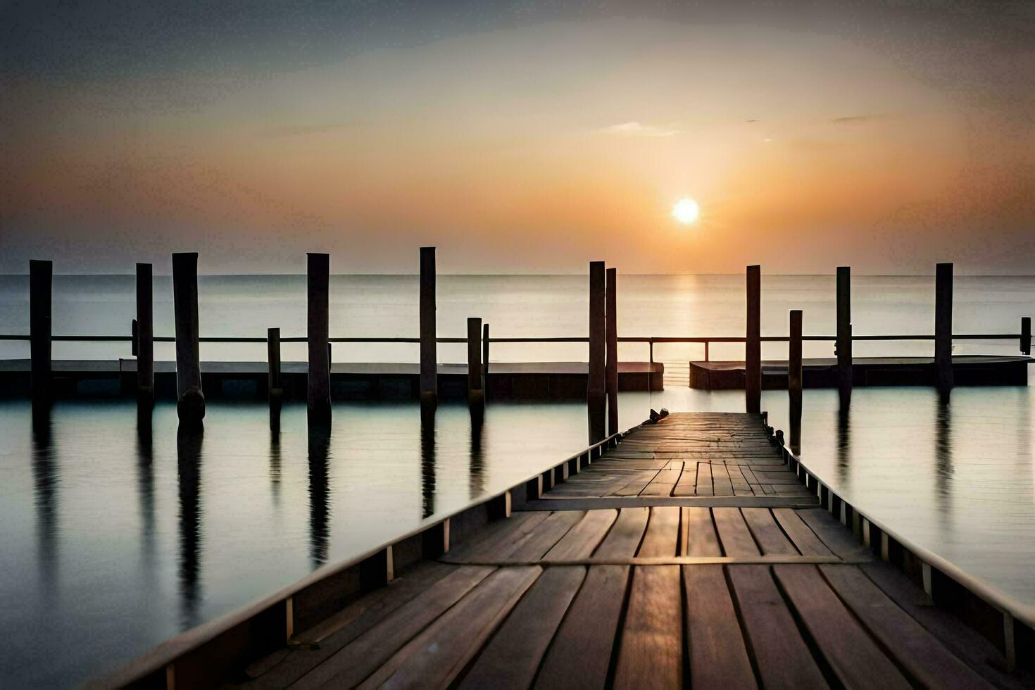 a wooden dock leads to the ocean at sunset. AI-Generated photo