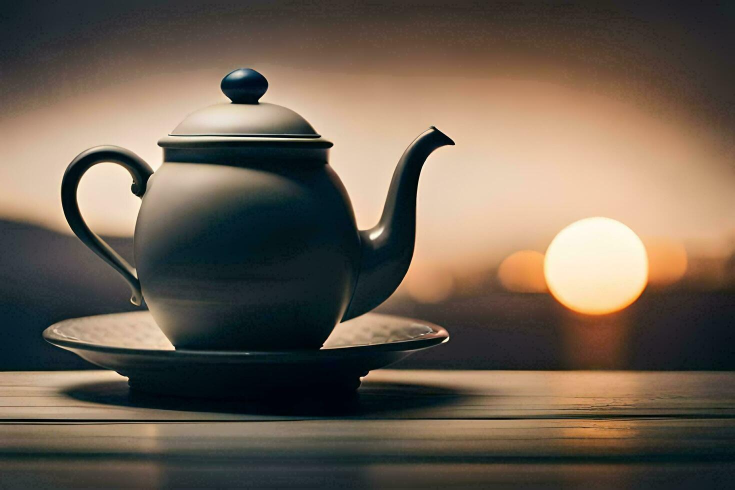 a teapot on a table with a blurry background. AI-Generated photo