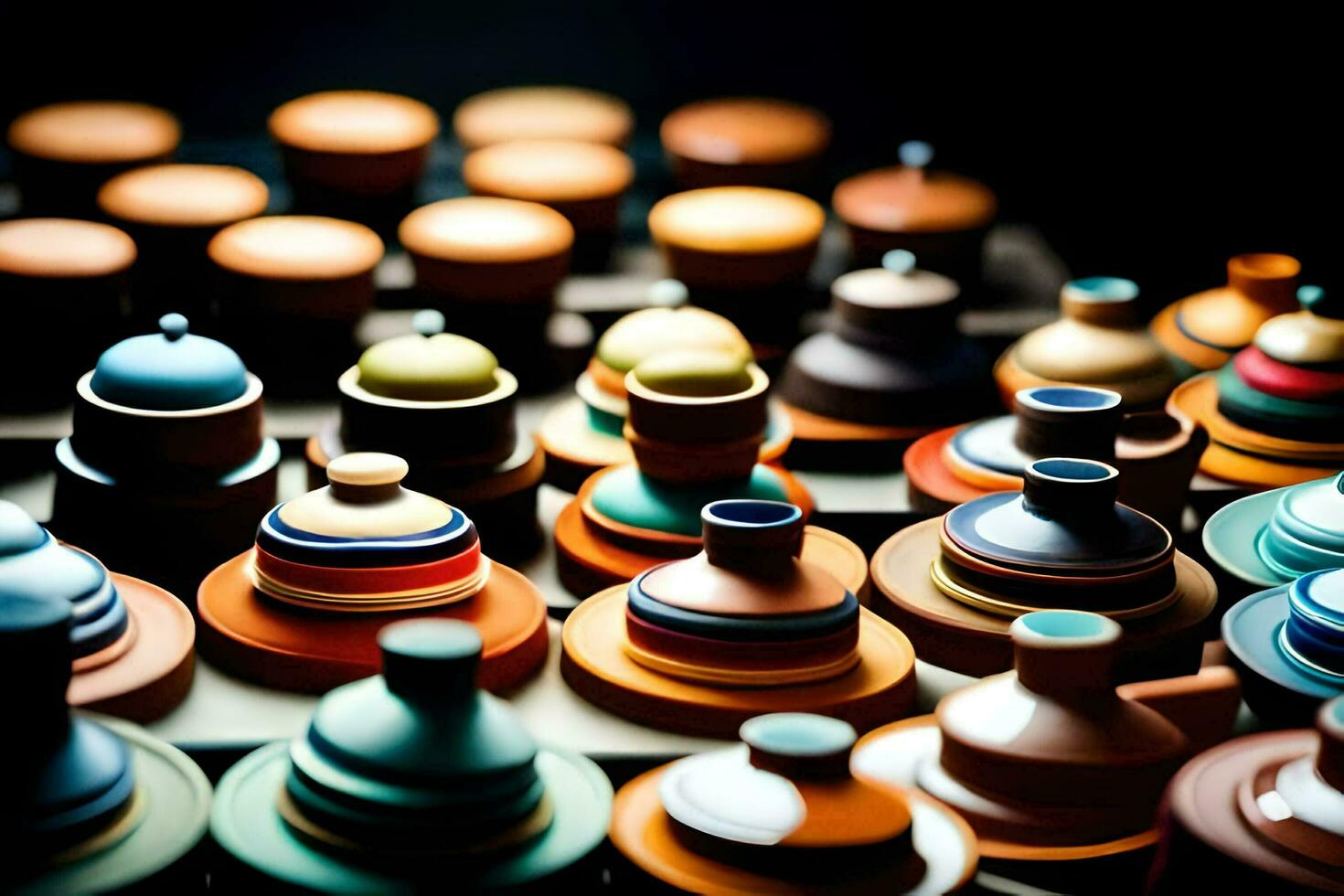 many colorful pots and vases are arranged on a table. AI-Generated photo