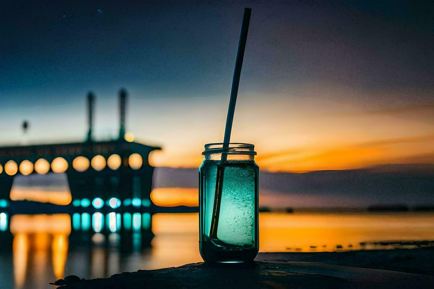 a glass of water with a straw sitting on the beach at night. AI-Generated photo