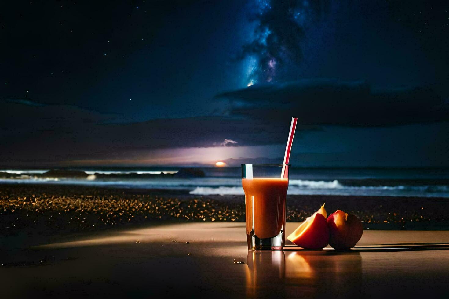 un vaso de jugo y un manzana en el playa a noche. generado por ai foto