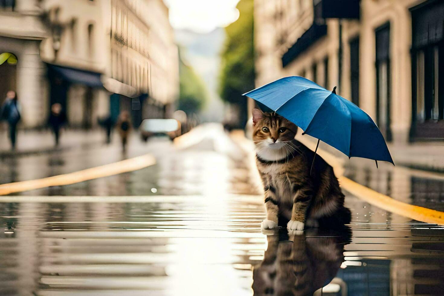 a cat is standing on a wet street with an umbrella. AI-Generated photo