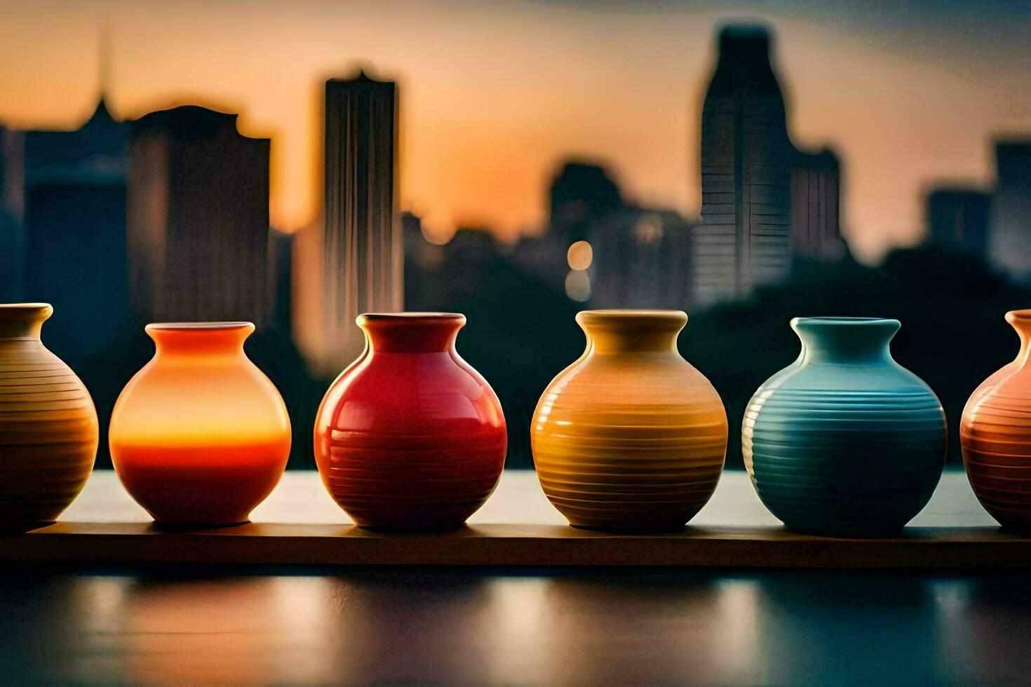 five colorful vases are lined up on a table. AI-Generated photo
