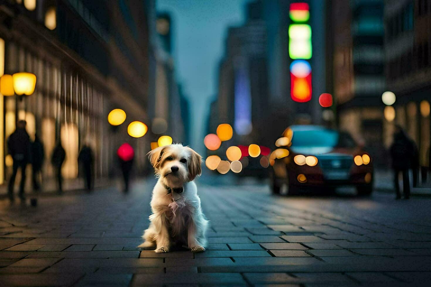 a small dog sitting on the street in front of a city. AI-Generated photo