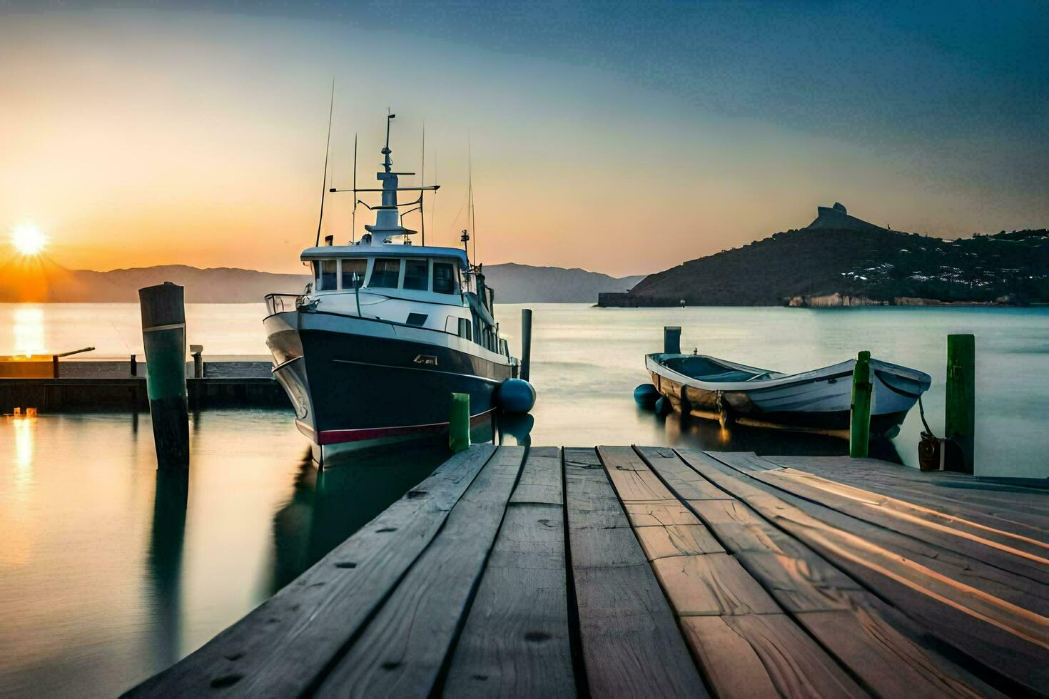 barcos atracado a el muelle a puesta de sol. generado por ai foto