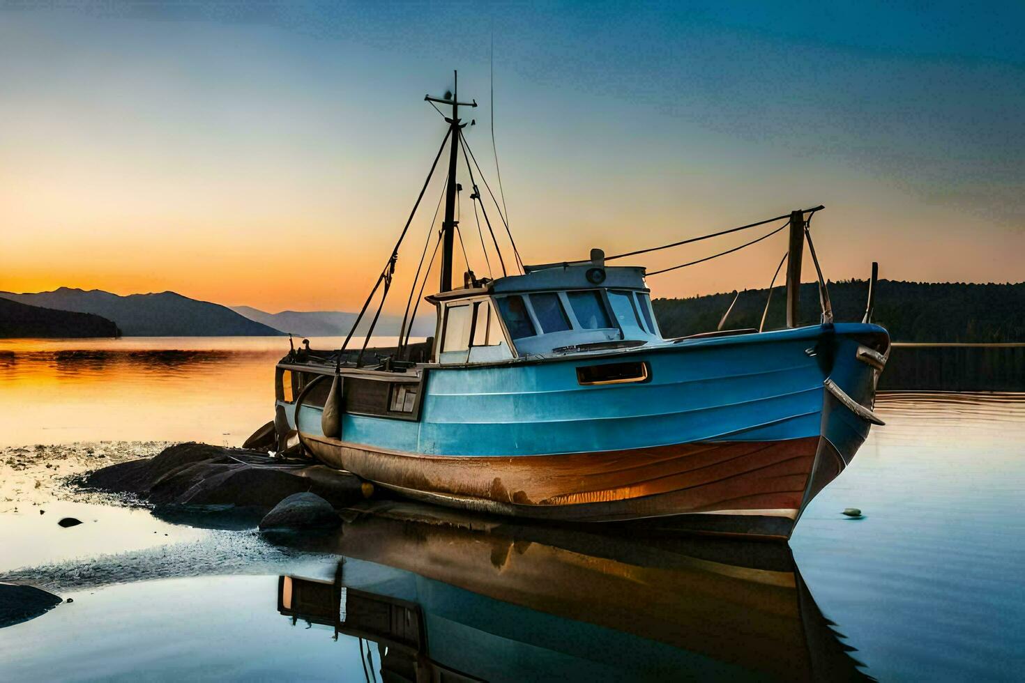 a fishing boat sits on the shore at sunset. AI-Generated photo
