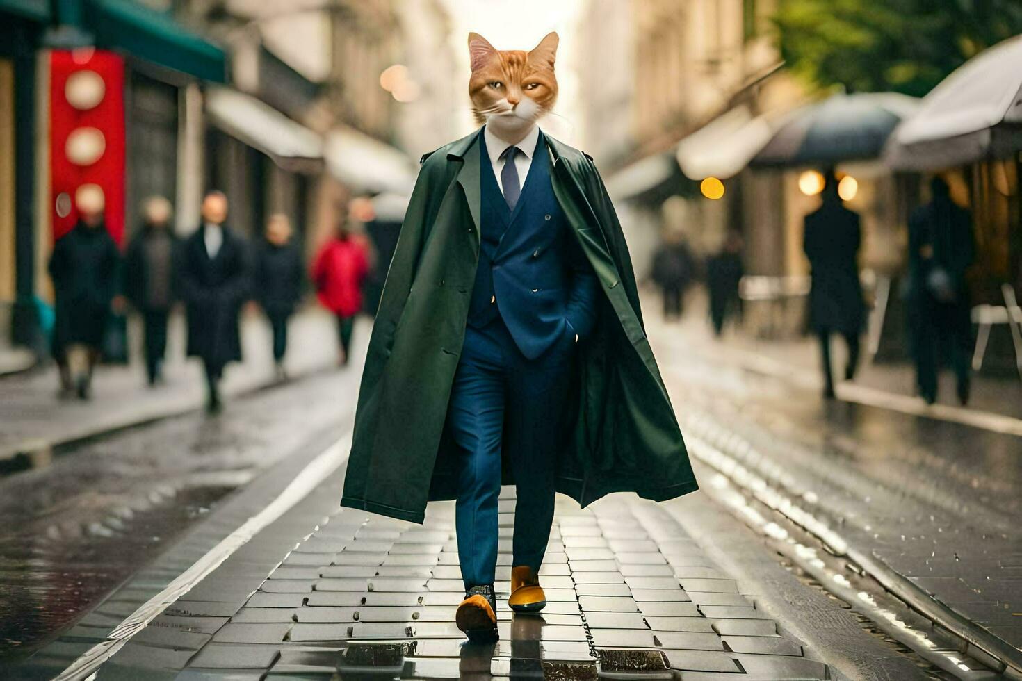 a cat wearing a suit and tie walking down a street. AI-Generated photo