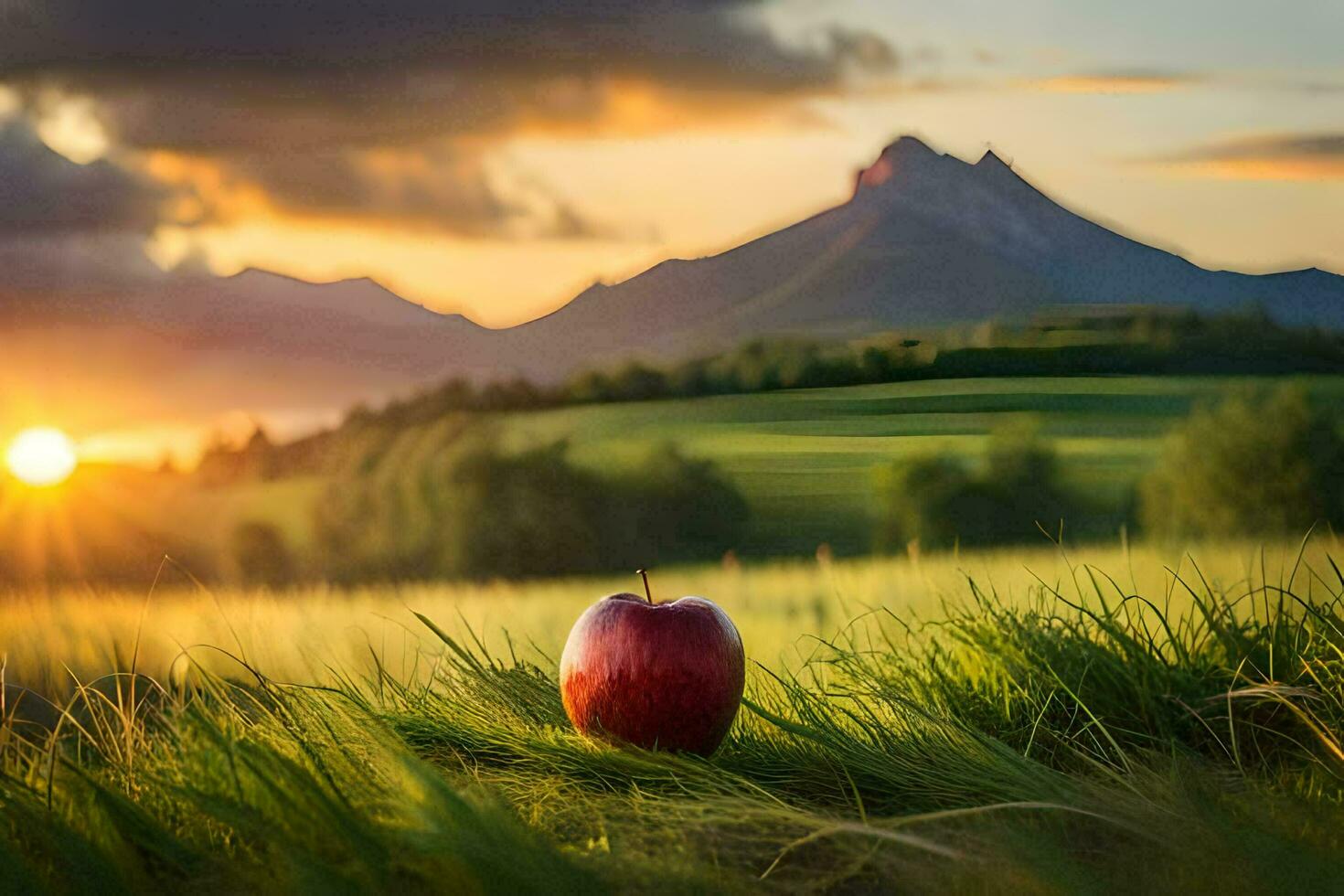 the apple, apple, nature, landscape, mountains, sunset hd wallpaper. AI-Generated photo