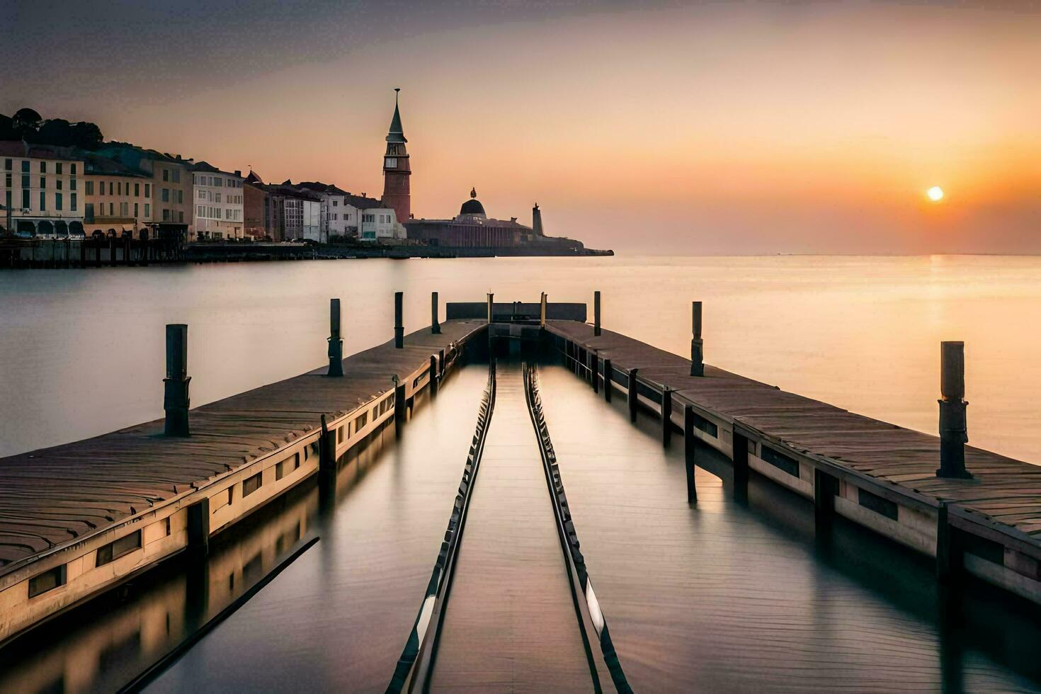 un muelle en el agua a puesta de sol con un Iglesia en el antecedentes. generado por ai foto