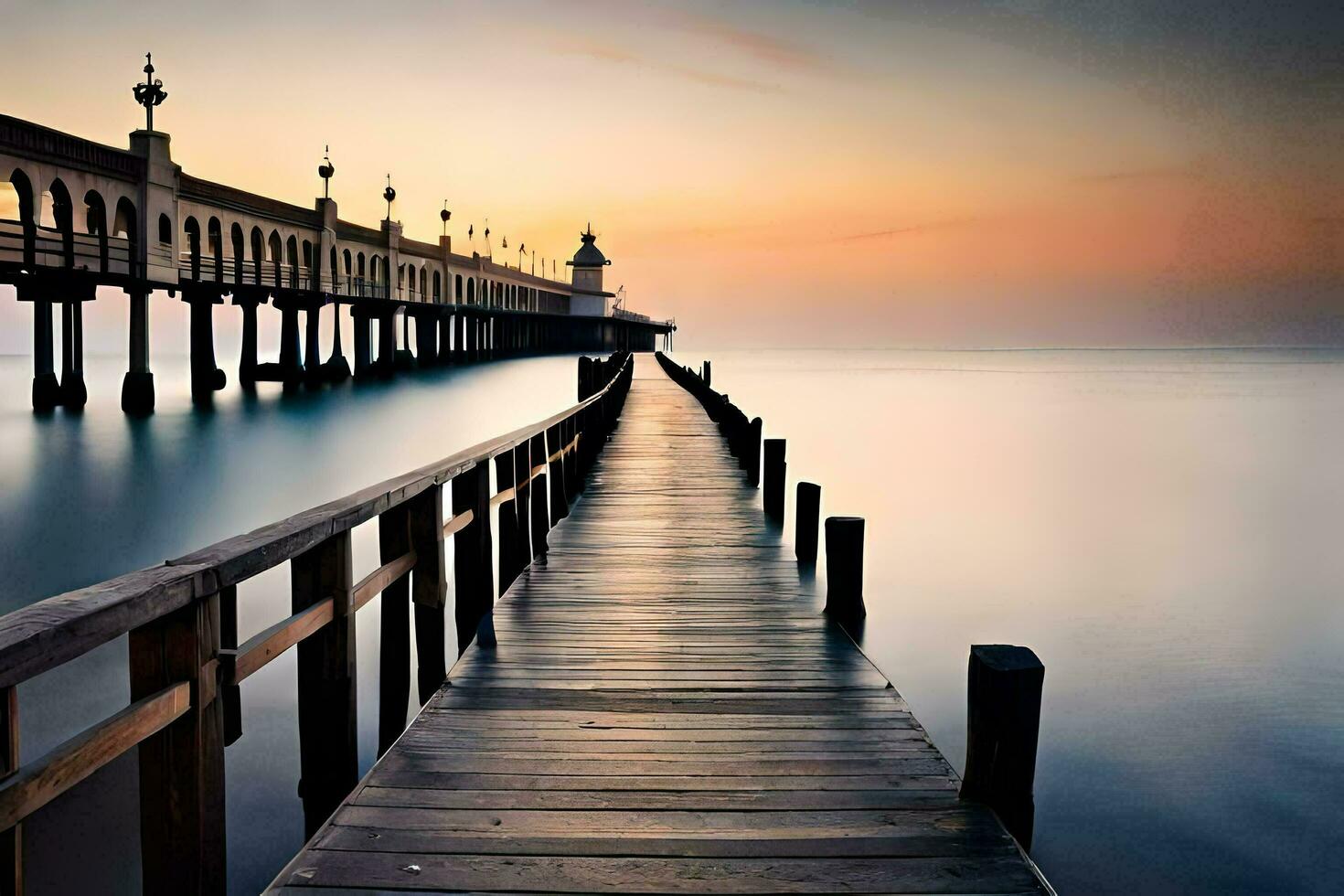 a long pier with a lighthouse at sunset. AI-Generated photo