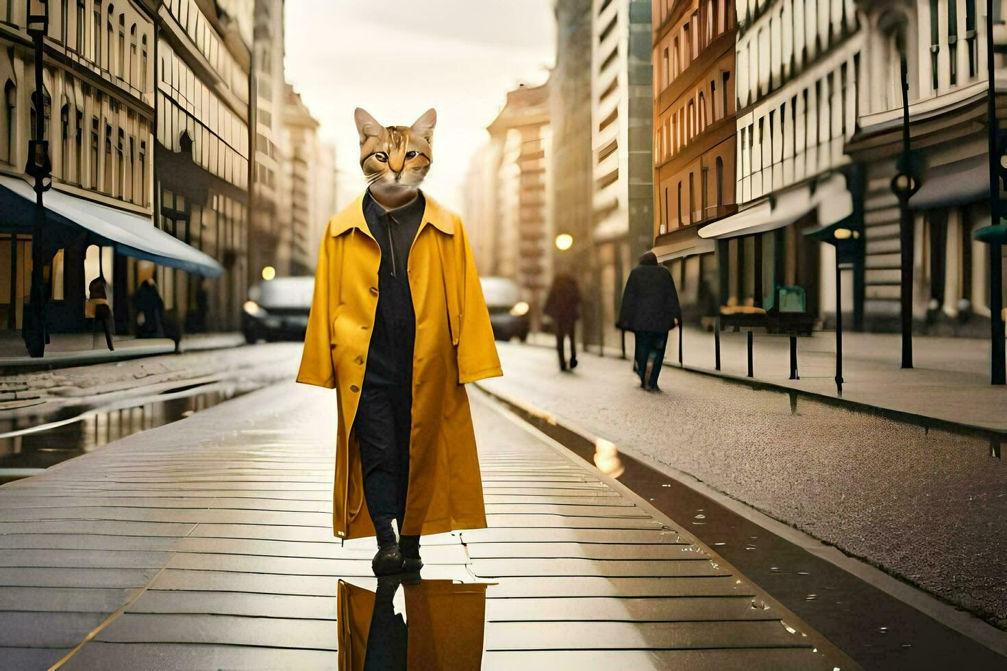 un zorro vistiendo un amarillo Saco caminando abajo un calle. generado por ai foto