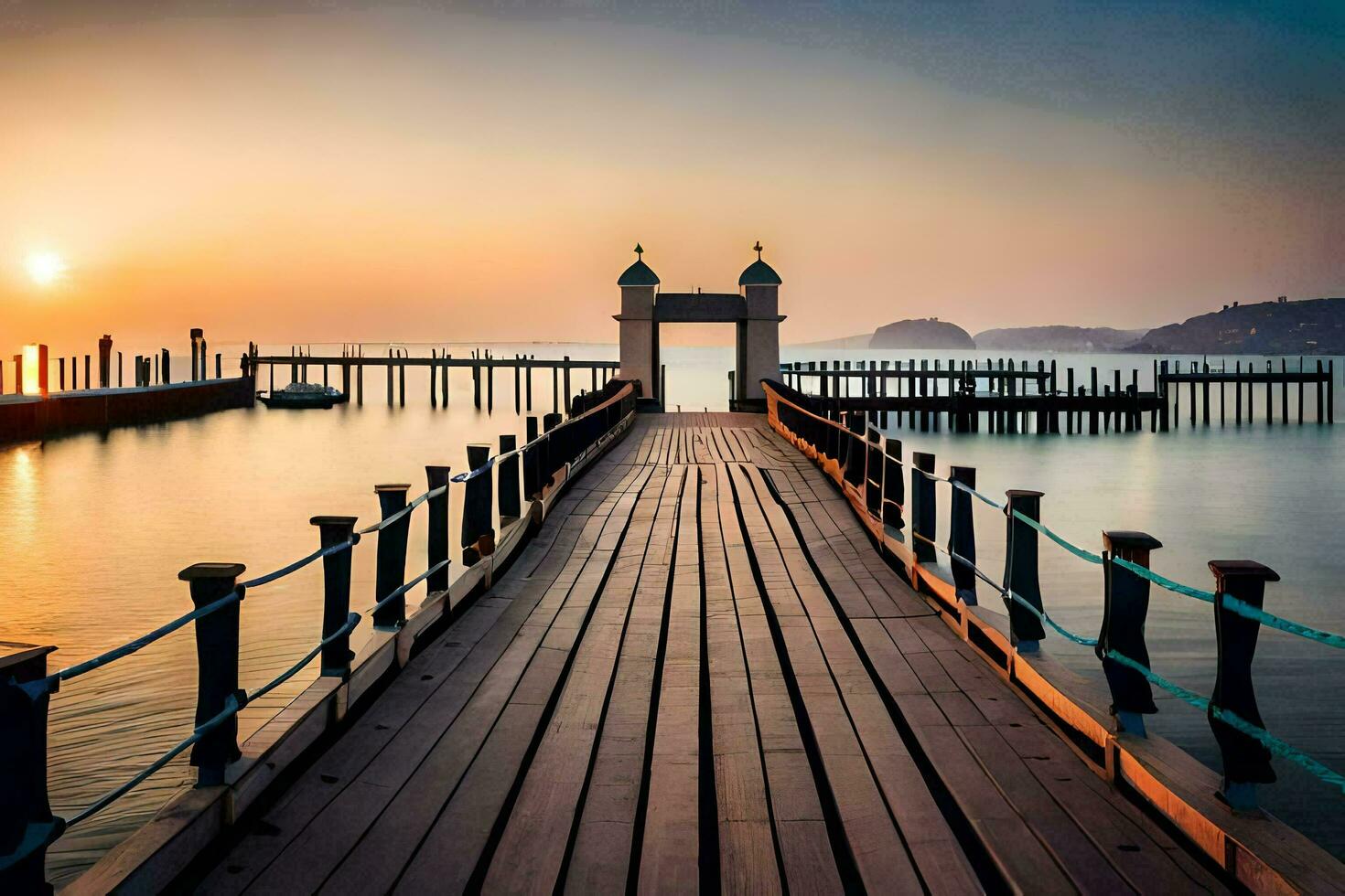 a pier with a bridge leading to the ocean at sunset. AI-Generated photo