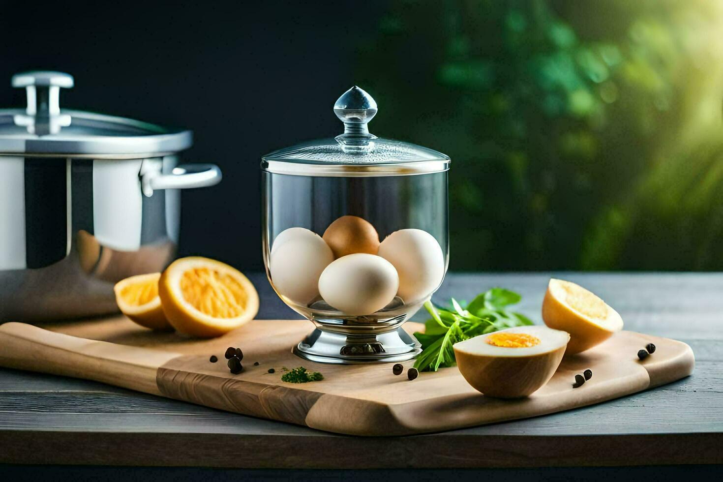 eggs in a jar with an egg cooker on a cutting board. AI-Generated photo