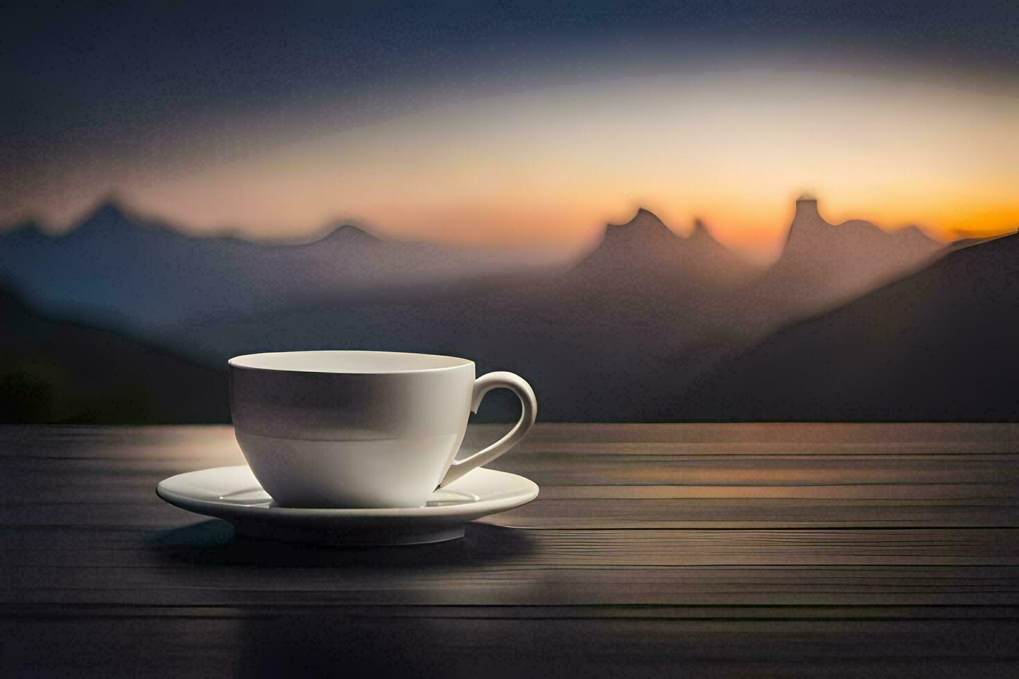 a cup of coffee on a table in front of a mountain range. AI-Generated photo